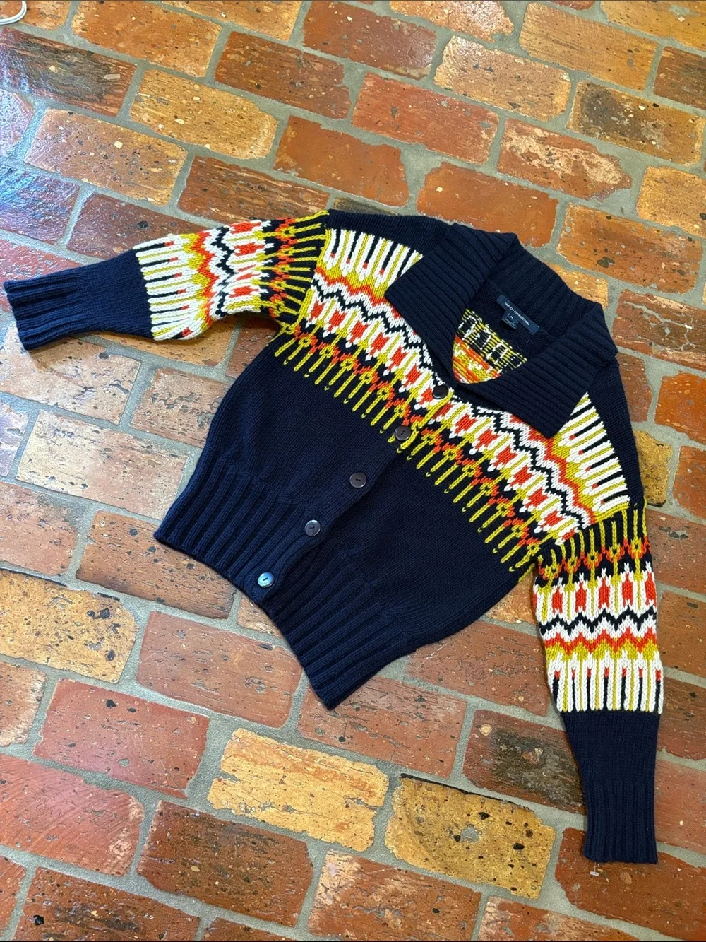 French Connection Navy Wool and Angora Sweater Multicolor Fair Isle Pattern sz M